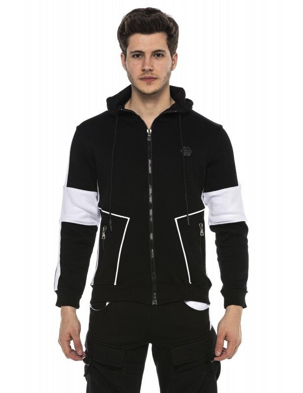 black hoodie with white stripes