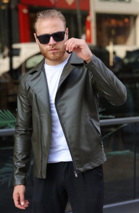 Zoom leather biker jacket khaki